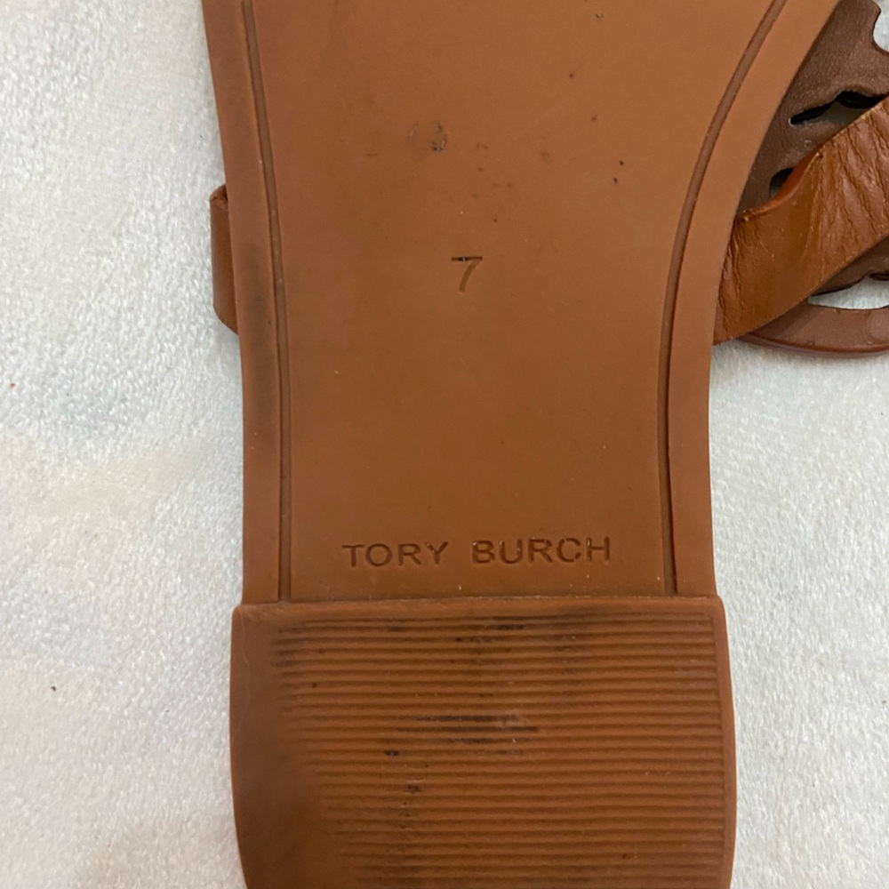 Tory Burch Miller Sandals Brown Leather Gold Logo Thong Flats - Picture 5 of 9